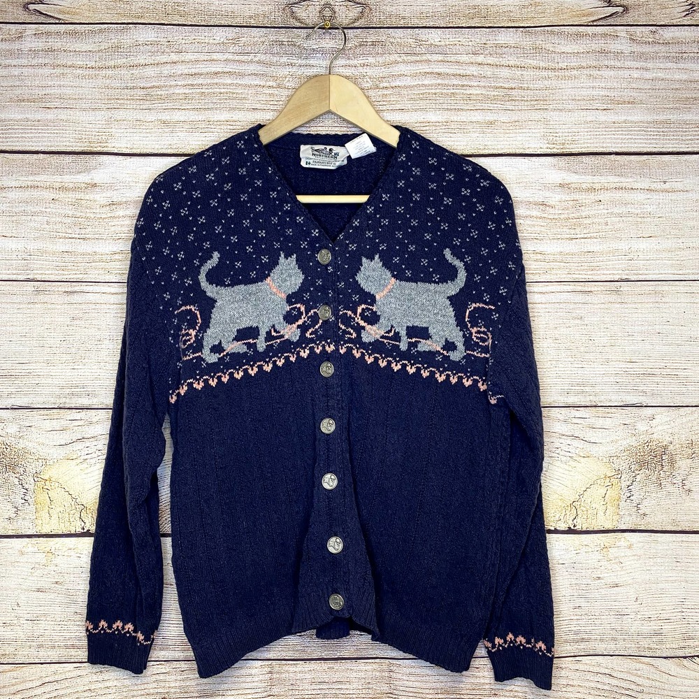 Vintage Northern Reflections Cat Cardigan Sweater Chunky Knit Sz L Grandmacore